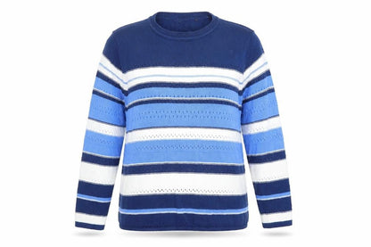 Front view of women’s multicoloured striped cotton pullover sweatshirt, size L