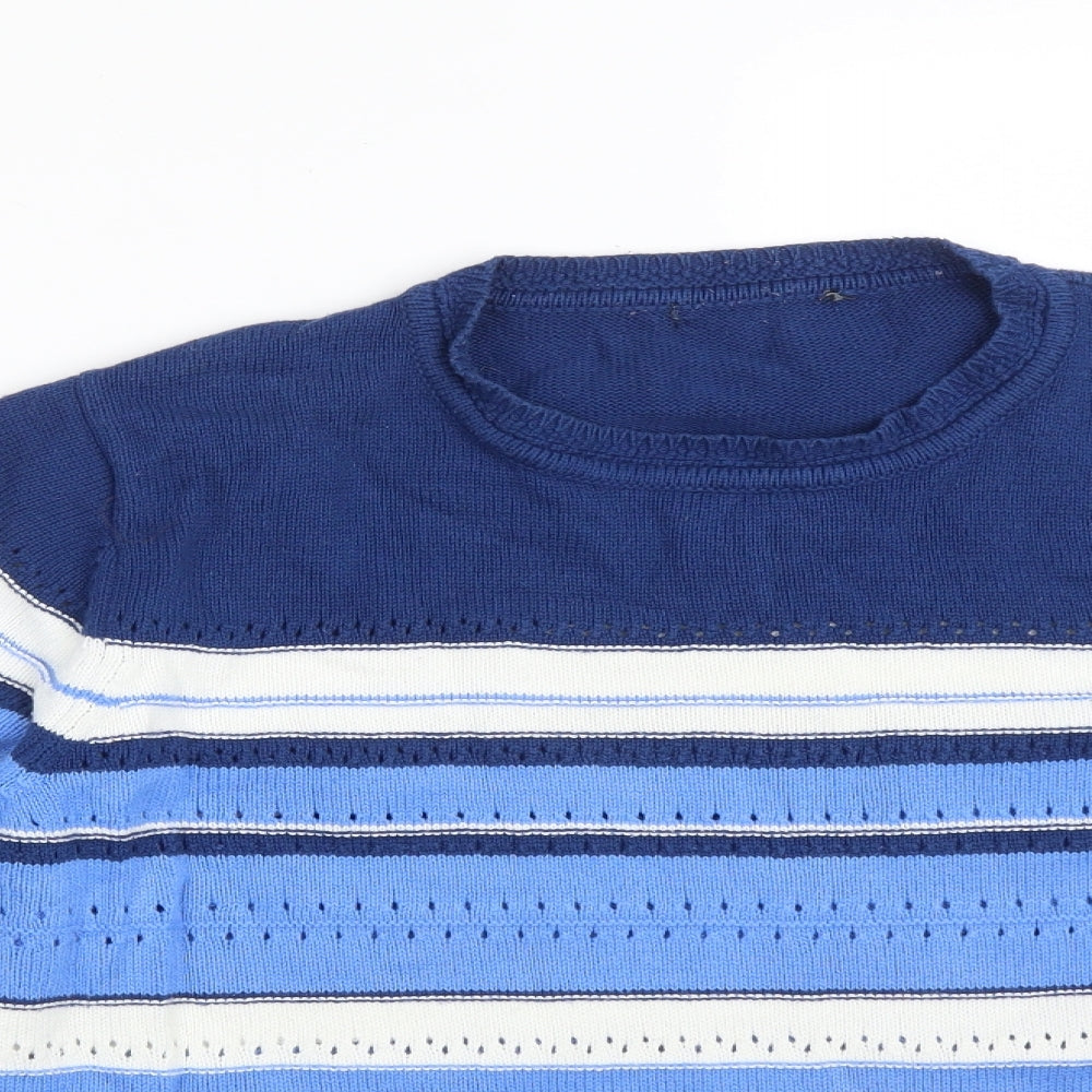 Close-up detail of women’s multicoloured striped cotton pullover sweatshirt, size L