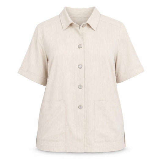 Front view of Finn Karelia women’s beige polyester basic button-up, size UK 16, collared - beige mix longline shirt jacket