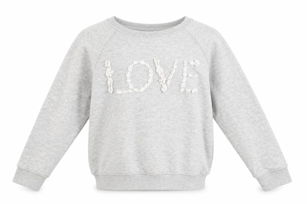 Front view of Next girls’ grey cotton pullover sweatshirt, size 10, years - love