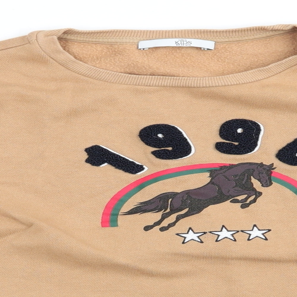 Marks and' Girls Brown Animal Print Cotton Pullover Sweatshirt Size 10-11 Years   - Camel Colour Jumping Horse 1990