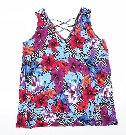 George Womens Blue Floral Viscose Basic Tank Size 16 V-Neck - V Neck Front & Back