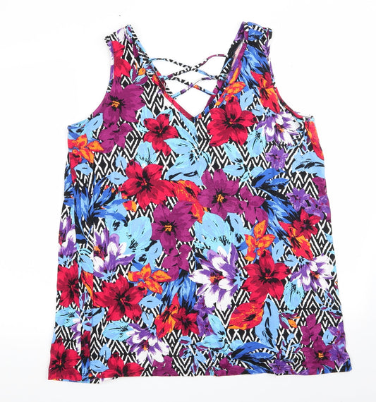 George Womens Blue Floral Viscose Basic Tank Size 16 V-Neck - V Neck Front & Back