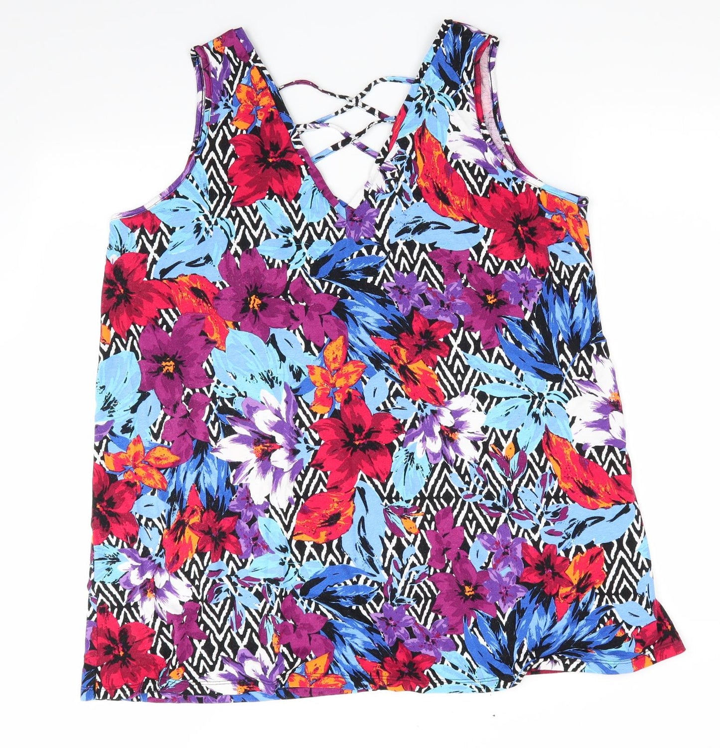 George Womens Blue Floral Viscose Basic Tank Size 16 V-Neck - V Neck Front & Back