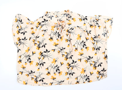 George Womens Ivory Floral Viscose Basic Blouse Size 16 Round Neck - Yellow & Black Print Double Tie Front Neck Frilled Mandarin Collar