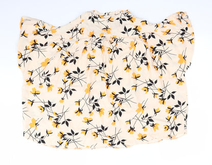 George Womens Ivory Floral Viscose Basic Blouse Size 16 Round Neck - Yellow & Black Print Double Tie Front Neck Frilled Mandarin Collar