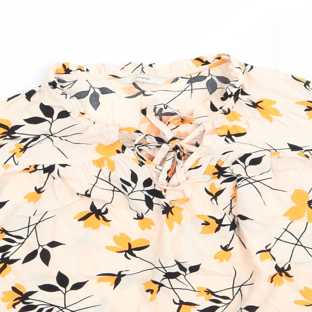 George Womens Ivory Floral Viscose Basic Blouse Size 16 Round Neck - Yellow & Black Print Double Tie Front Neck Frilled Mandarin Collar