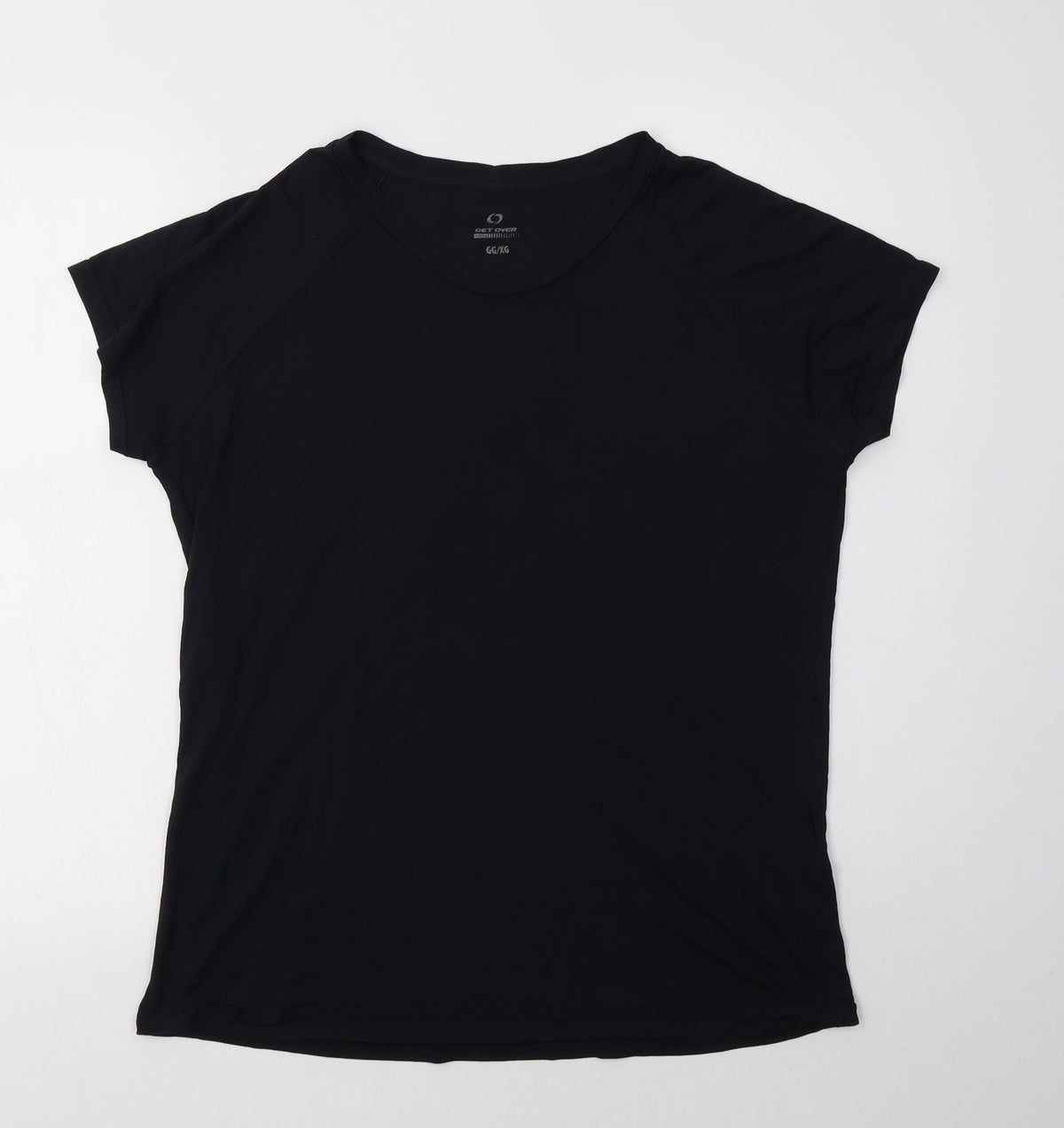 Additional front view of Get Over women’s black basic t-shirt, size L, crew neck