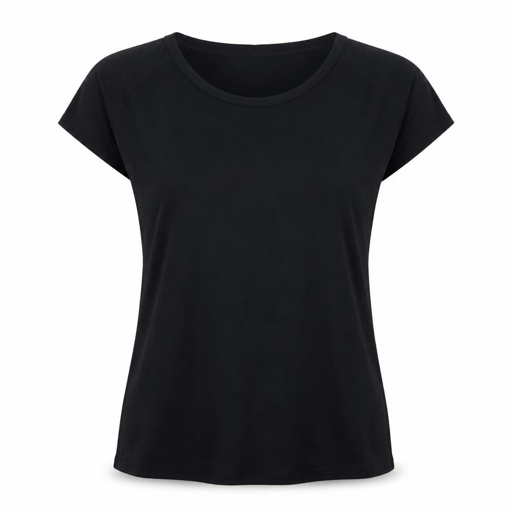 Front view of Get Over women’s black basic t-shirt, size L, crew neck