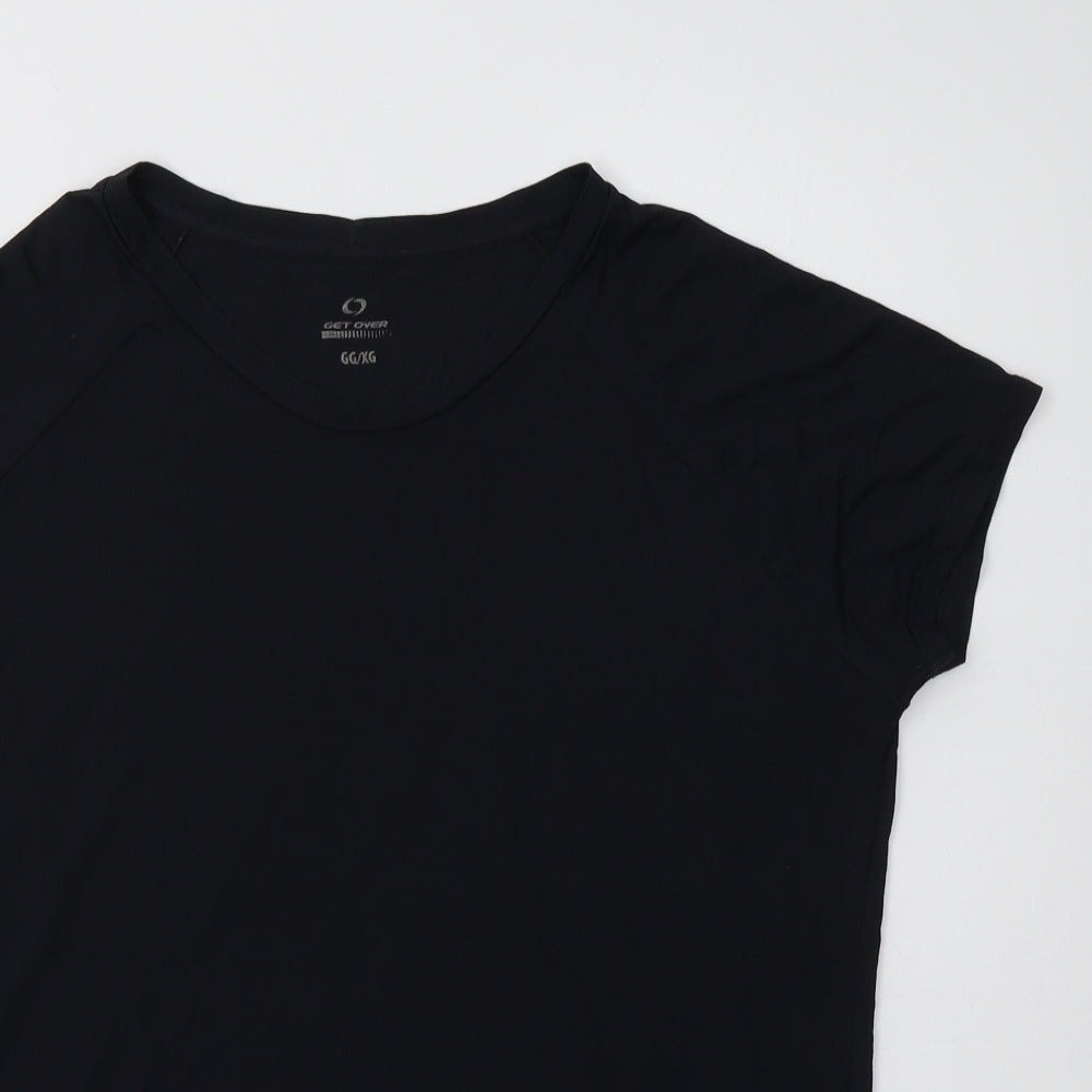 Close-up detail of Get Over women’s black basic t-shirt, size L, crew neck