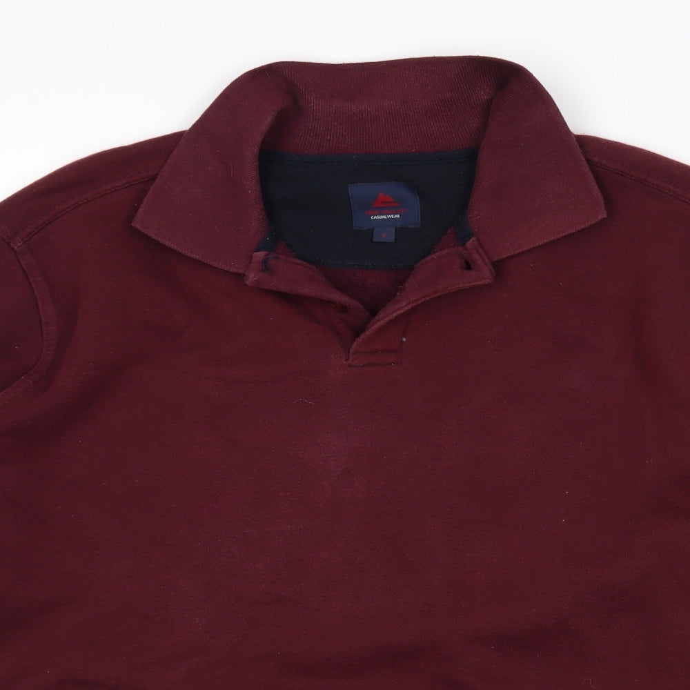 Close-up detail of One Valley men’s purple collared cotton jumper, size S