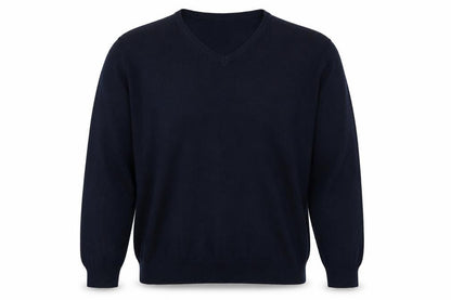 Front view of Finest Made men’s blue v-neck acrylic jumper, size 2XL