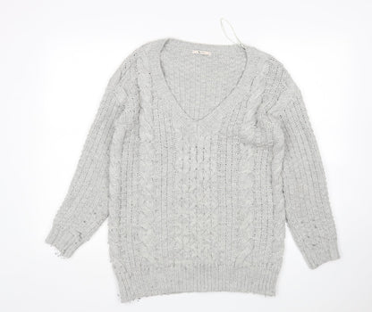 TU Womens Grey V-Neck  Acrylic Pullover Jumper Size 8