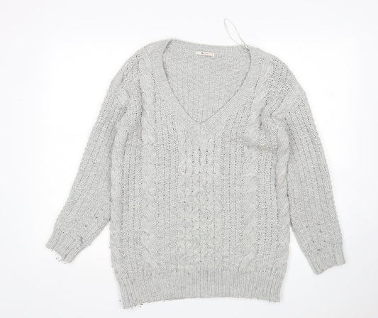 TU Womens Grey V-Neck  Acrylic Pullover Jumper Size 8