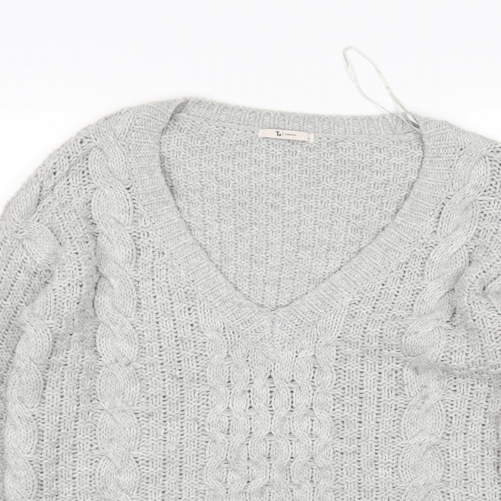 TU Womens Grey V-Neck  Acrylic Pullover Jumper Size 8