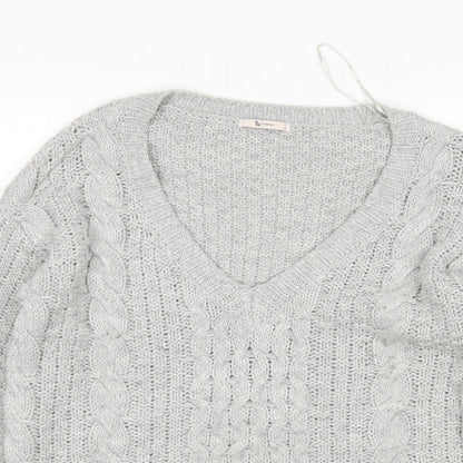 TU Womens Grey V-Neck  Acrylic Pullover Jumper Size 8