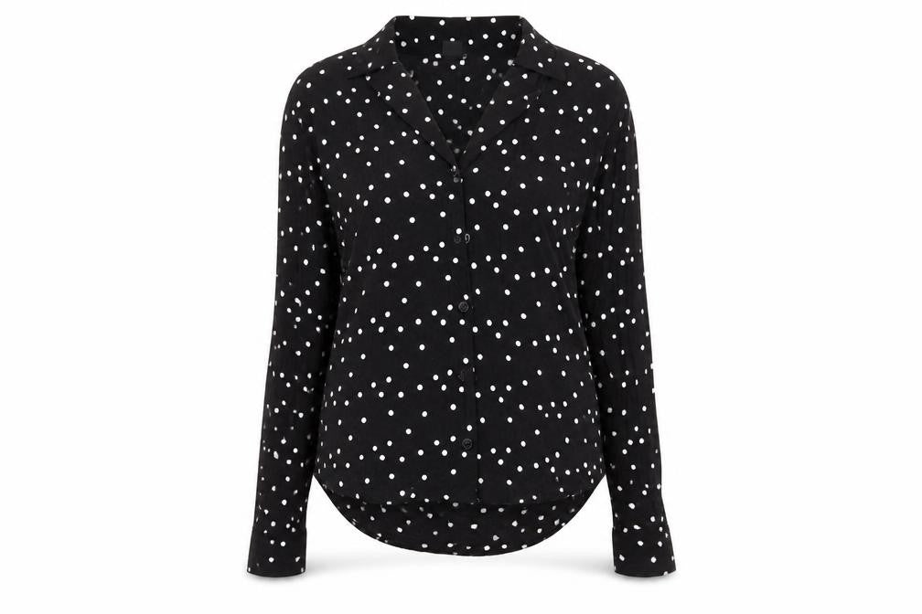 Front view of Monki women’s black collared polka dot viscose cardigan jumper, size XS