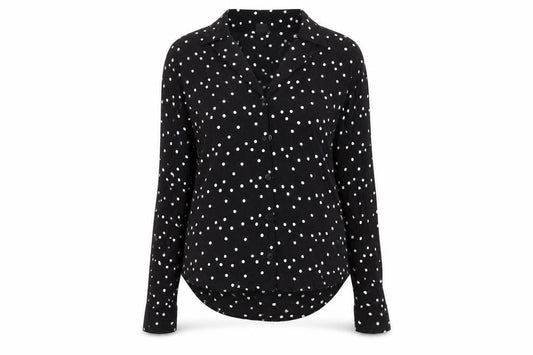 Front view of Monki women’s black collared polka dot viscose cardigan jumper, size XS