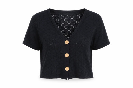 Front view of ASOS women’s black v-neck cotton cardigan jumper, size UK 8