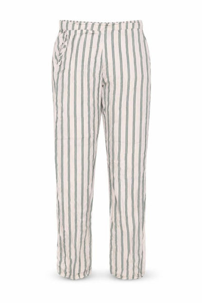 Front view of Etam women’s pink striped viscose trousers, size S, 26-inch leg regular