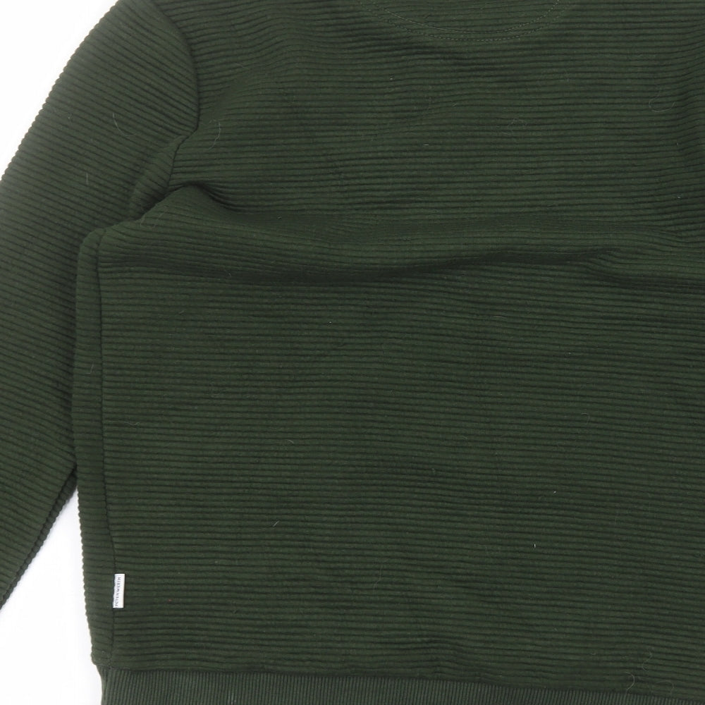 Brand and care label for Peter Werth women’s green round neck polyester jumper, size S