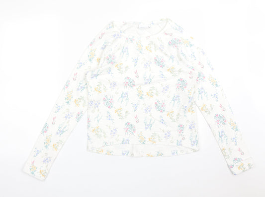 NEXT Womens White Floral Cotton Basic T-Shirt Size 6 Crew Neck