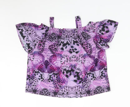TU Girls Purple Floral Polyester Basic T-Shirt Size 10 Years Off the Shoulder  - BUTTERFLY
