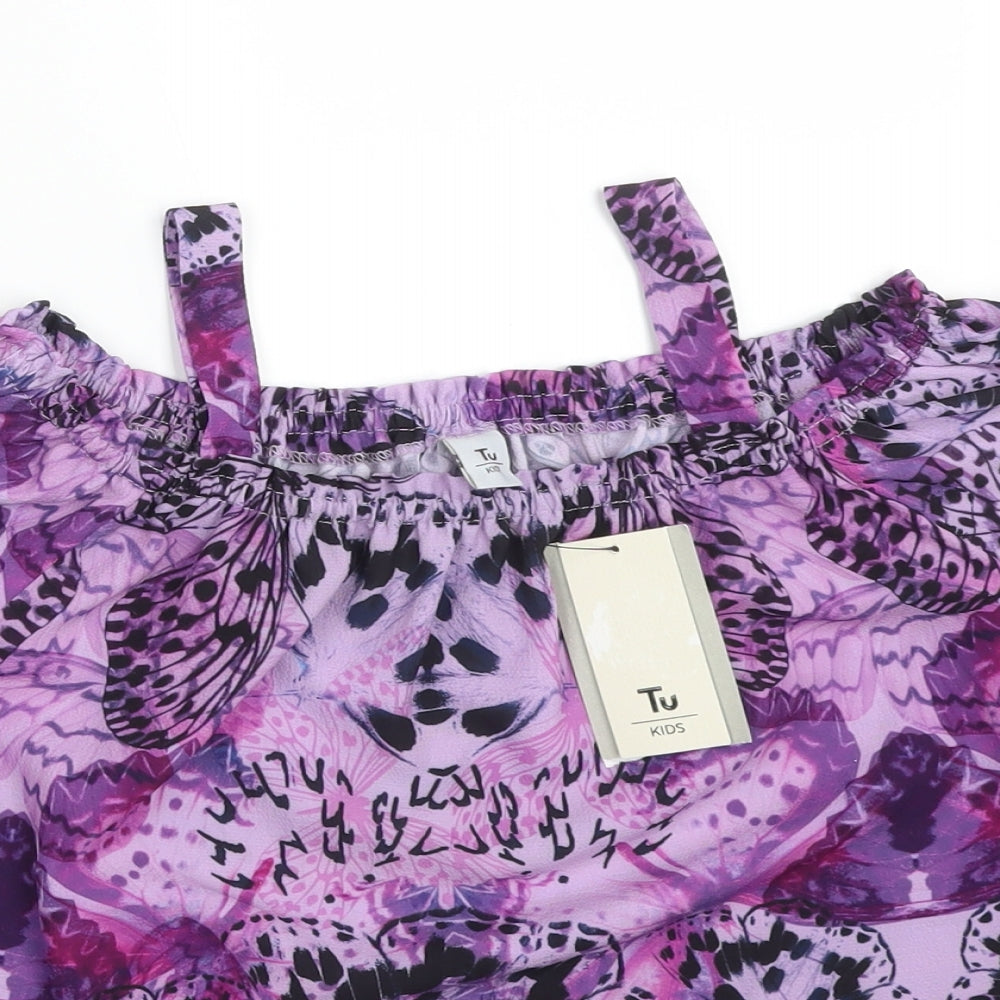 TU Girls Purple Floral Polyester Basic T-Shirt Size 10 Years Off the Shoulder  - BUTTERFLY