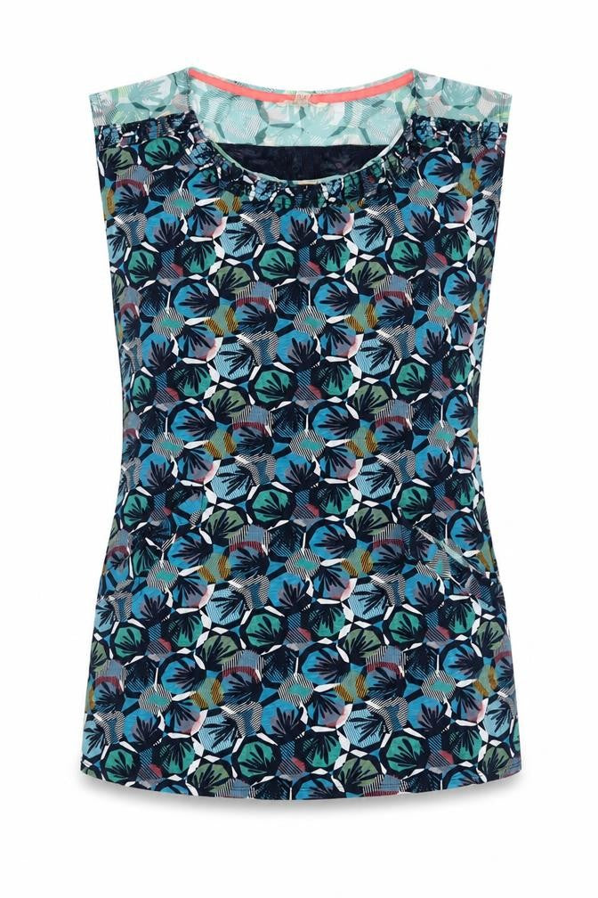 Front view of women’s blue floral cotton pencil dress, size UK 10, round neck