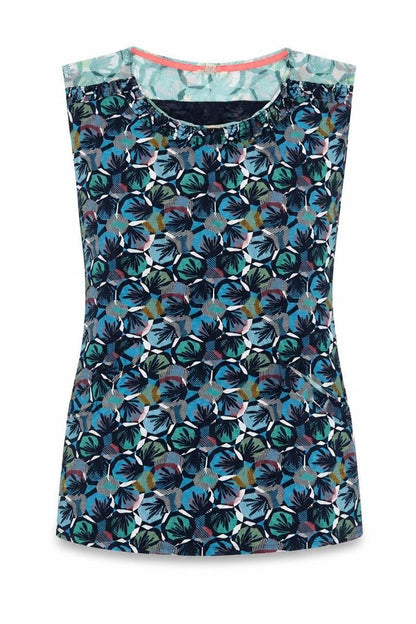 Front view of women’s blue floral cotton pencil dress, size UK 10, round neck