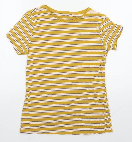 Primark Womens Yellow Striped Cotton Basic T-Shirt Size M Round Neck
