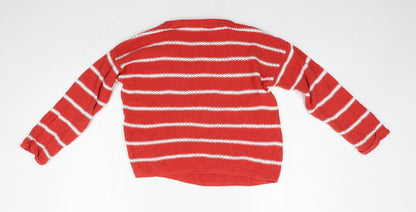 M&S Girls Orange Round Neck Striped 100% Cotton Pullover Jumper Size 12-13 Years