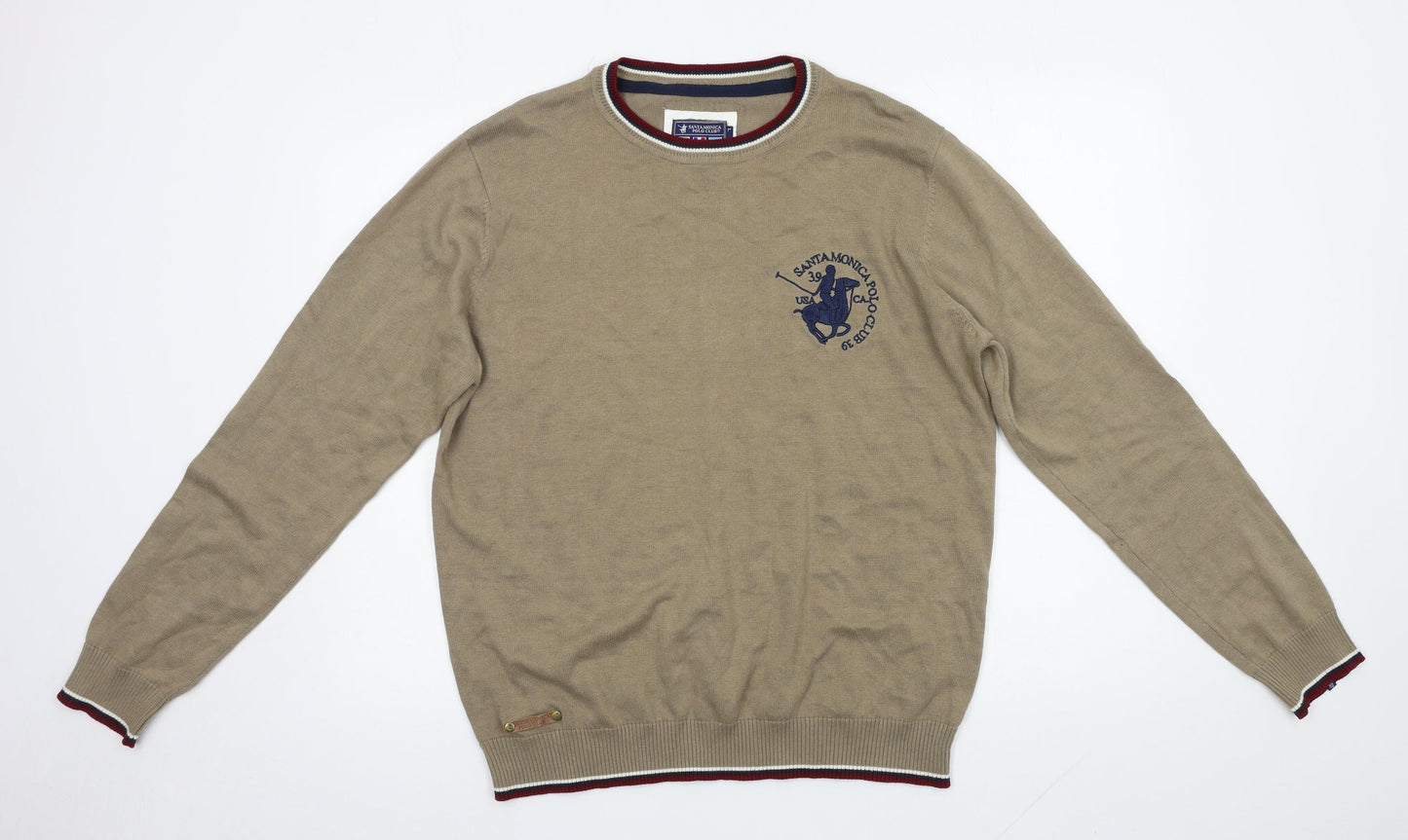 Santa Monica Mens Brown Round Neck  Cotton Pullover Jumper Size L
