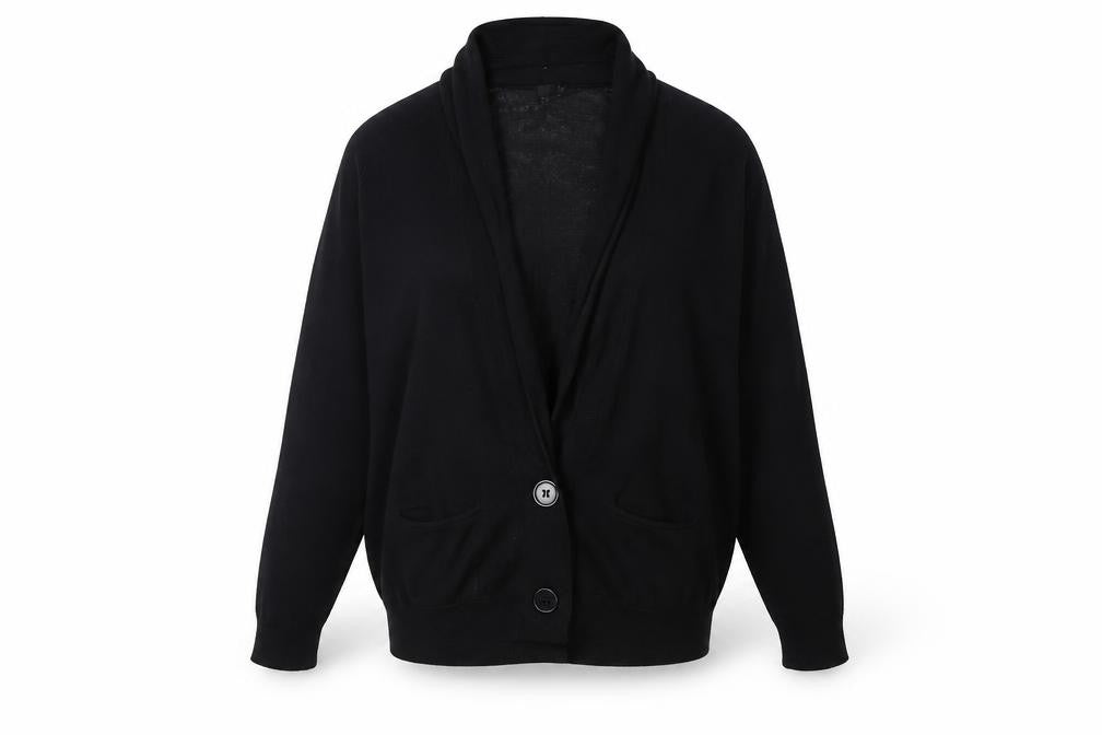 Front view of Topshop women’s black v-neck acrylic shrug jumper, size UK 8