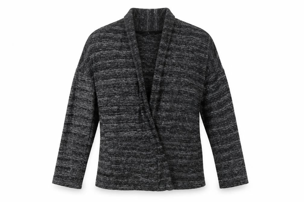 Front view of Preworn women’s grey v-neck cotton cardigan jumper, size UK 10
