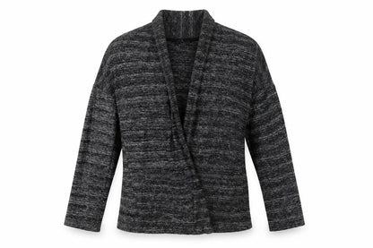 Front view of Preworn women’s grey v-neck cotton cardigan jumper, size UK 10