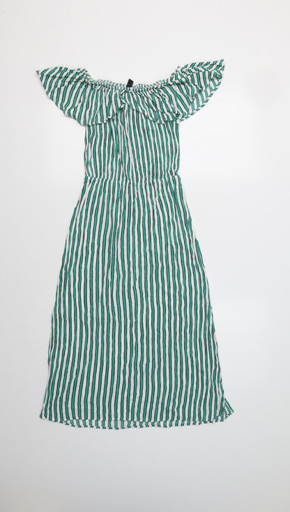 H&M Womens Green Striped Viscose A-Line  Size 8  Off the Shoulder