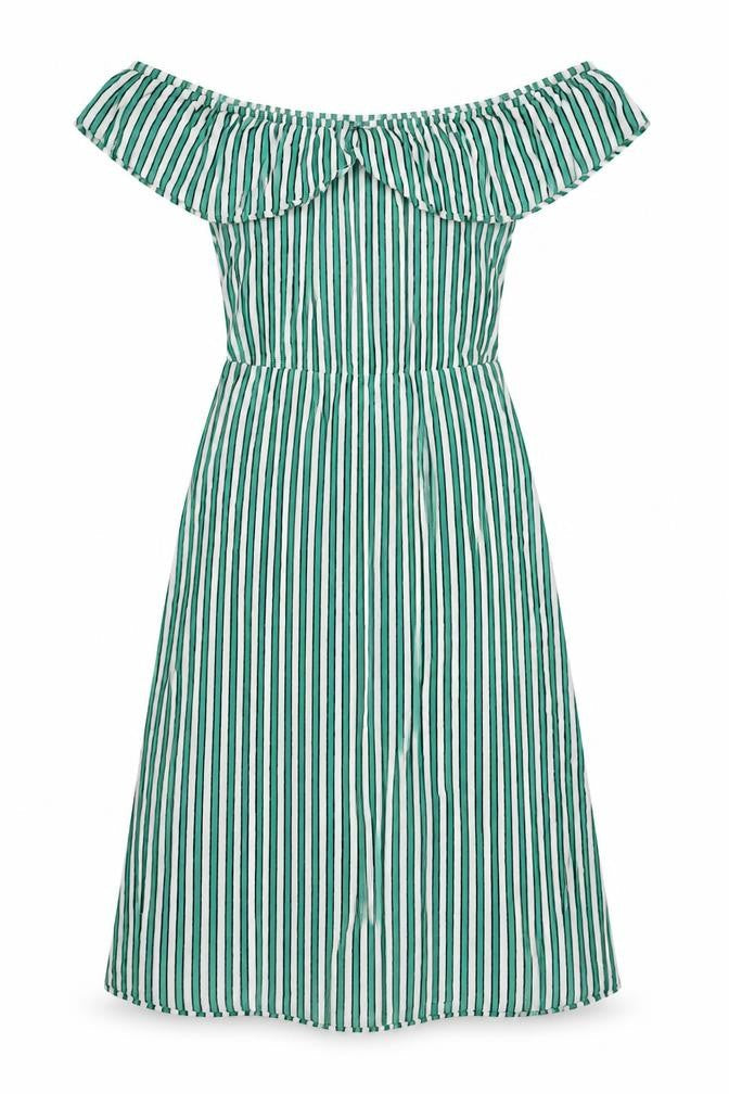 Front view of H&M women’s green striped viscose a-line, size UK 8, off the shoulder