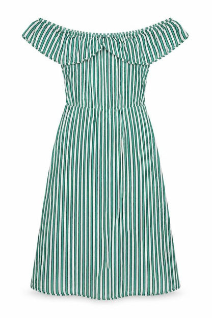 Front view of H&M women’s green striped viscose a-line, size UK 8, off the shoulder