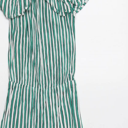 H&M Womens Green Striped Viscose A-Line  Size 8  Off the Shoulder