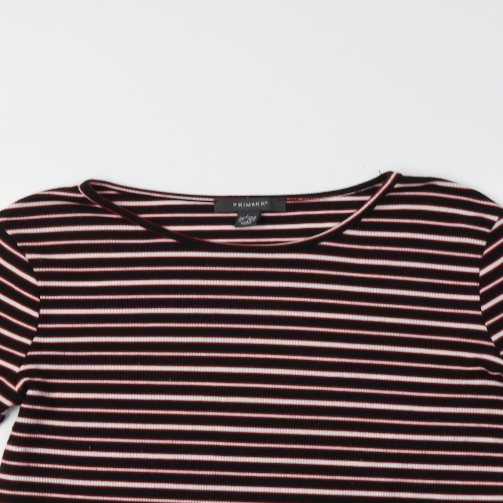 Primarkl Womens Black Striped Polyester Basic T-Shirt Size L Crew Neck