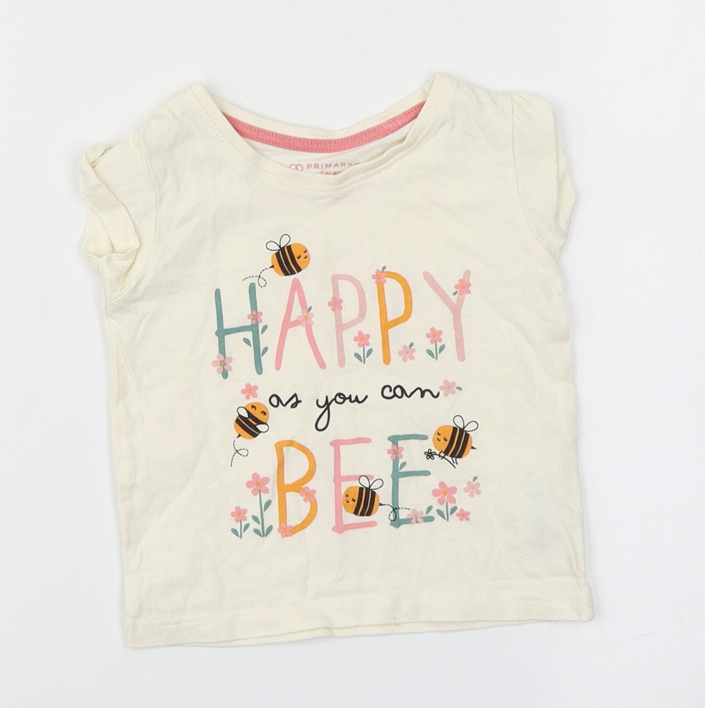 Primark Baby Ivory  Cotton Basic T-Shirt Size 9-12 Months Round Neck  - Happy as you can BEE