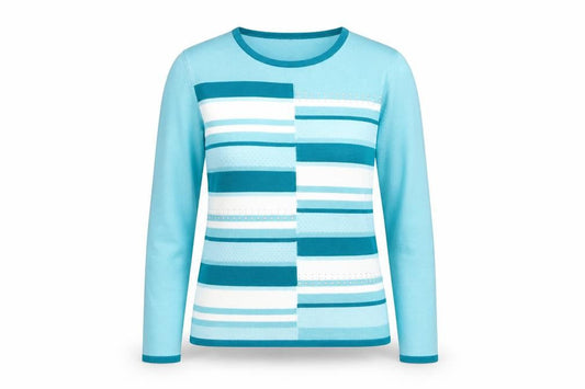 Front view of Casamia women’s blue striped acrylic basic t-shirt, size S, round neck