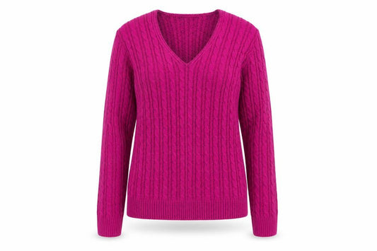 Front view of pure & natural women’s purple v-neck acrylic jumper, size S