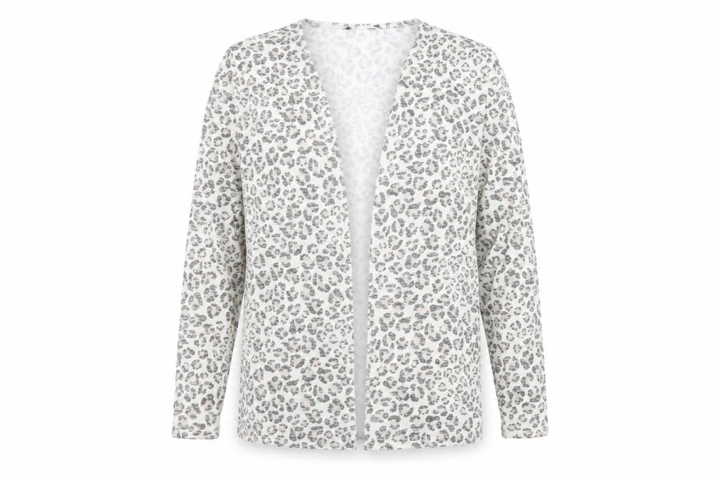 Front view of Atmosphere women’s beige v-neck animal print polyester cardigan jumper, size M