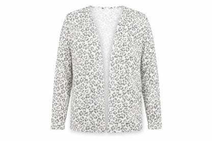 Front view of Atmosphere women’s beige v-neck animal print polyester cardigan jumper, size M