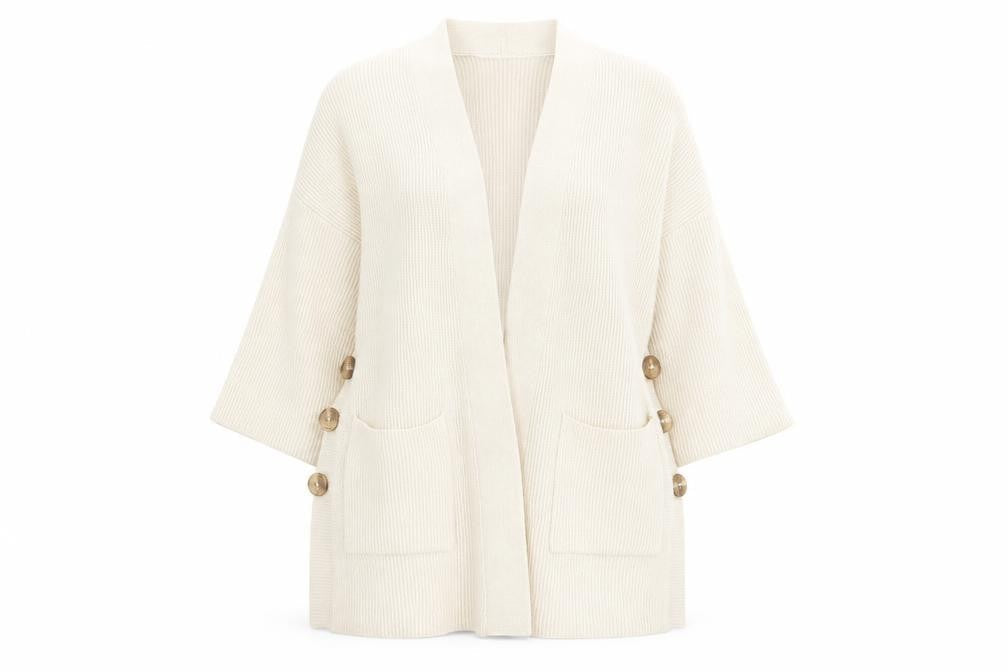 Front view of Next women’s beige v-neck viscose cardigan jumper, size S