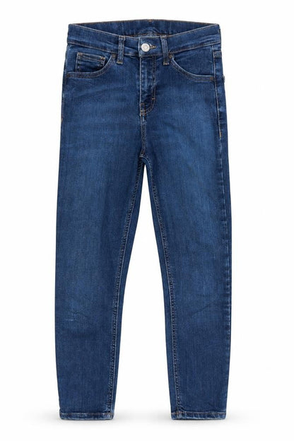 Front view of Topshop women’s blue cotton skinny jeans, size UK 25, in, 26-inch leg regular - mid blue