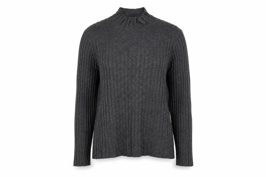 Front view of Papaya women’s grey high neck viscose jumper, size UK 14, - self colour stripe