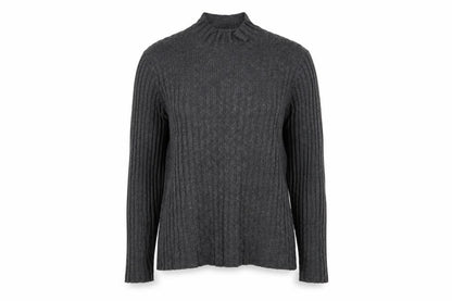 Front view of Papaya women’s grey high neck viscose jumper, size UK 14, - self colour stripe